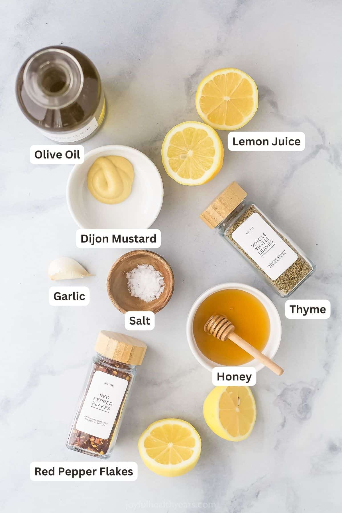 Labeled ingredients for lemon vinaigrette. 