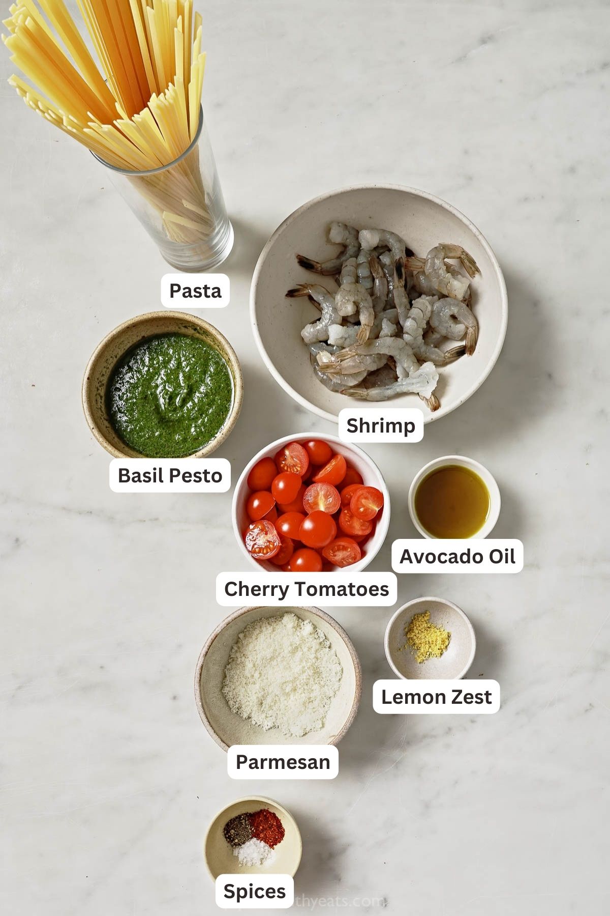 Labeled ingredients for shrimp and pesto pasta.