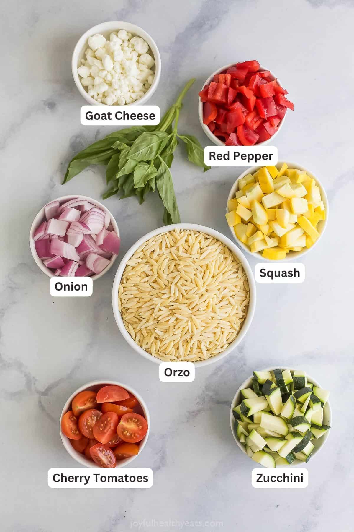 Labeled ingredients for making orzo pasta salad. 