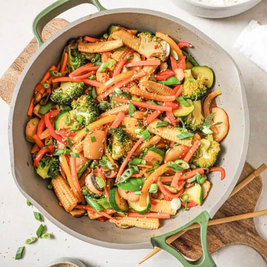 Overhead view of vegetable stir fry in skillet