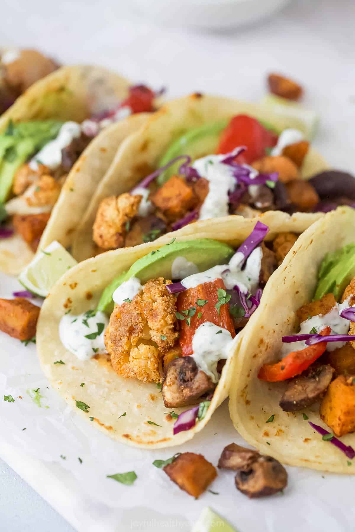 Close-up of Tacos with Avocado, Red Cabbage and Homemade Krema on top. 