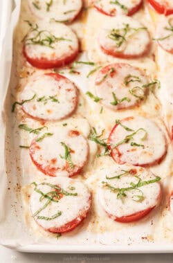 Freshly baked tomatoes with mozzarella, parmesan, olive oil, and basil.