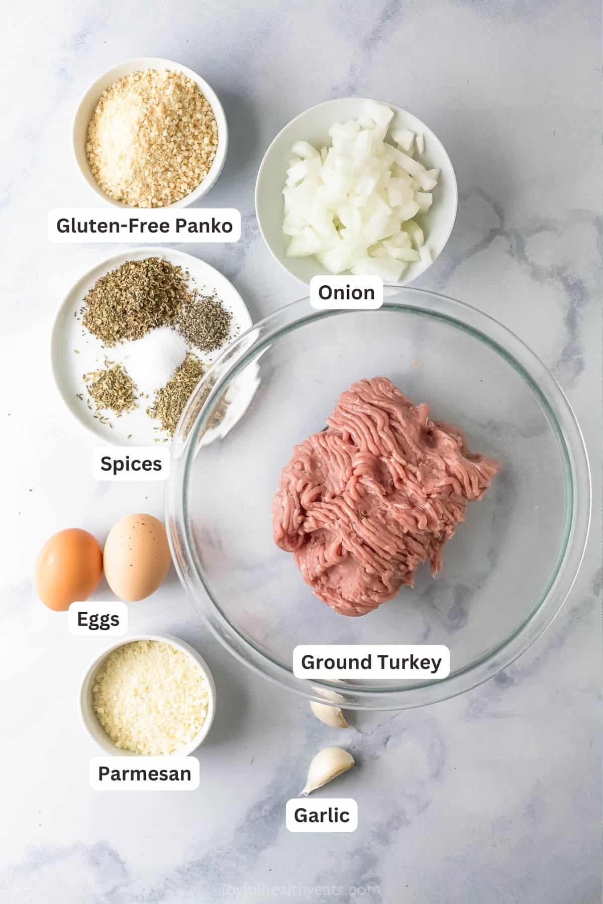 Labeled ingredients for making turkey meatballs. 