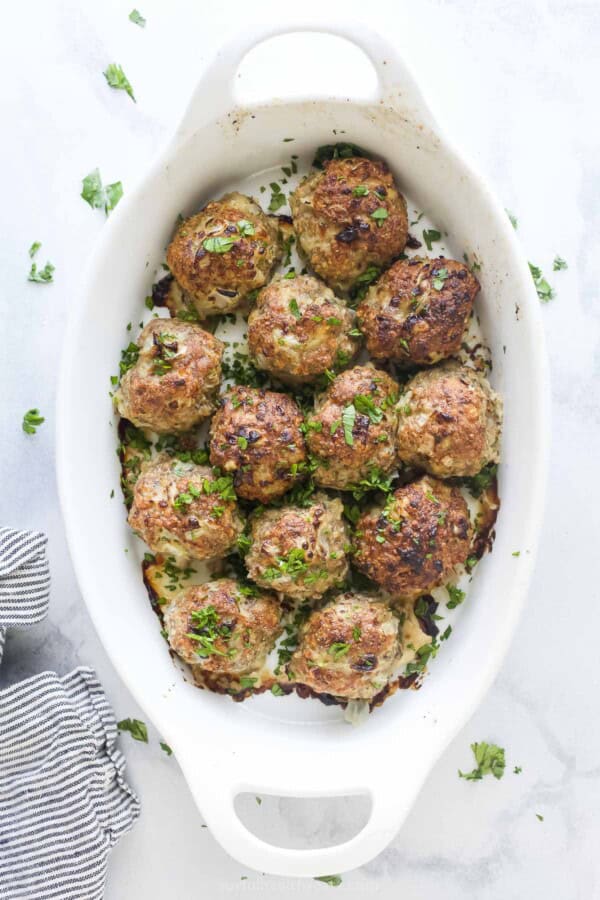 Baking Dish with Freshly Baked Herbie Turkey Meatballs.