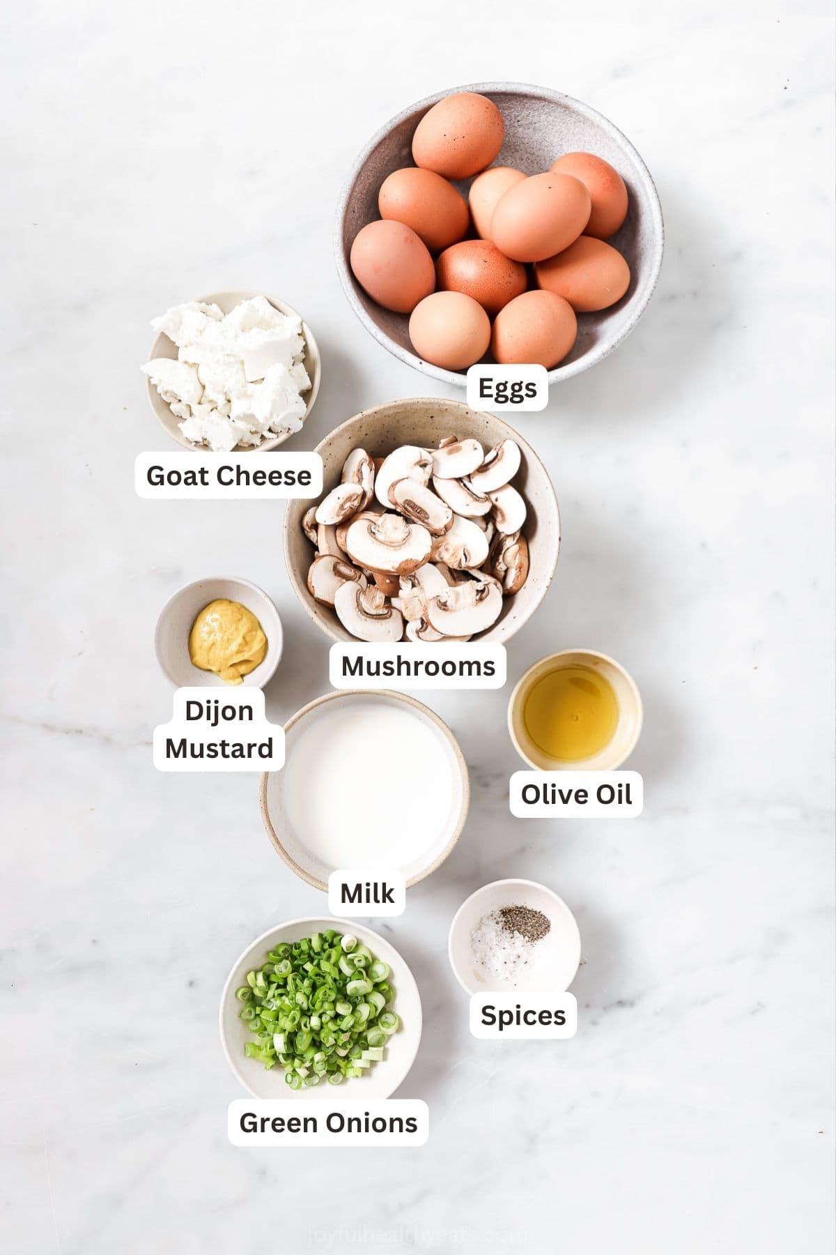 Labeled ingredients for mushroom frittata.