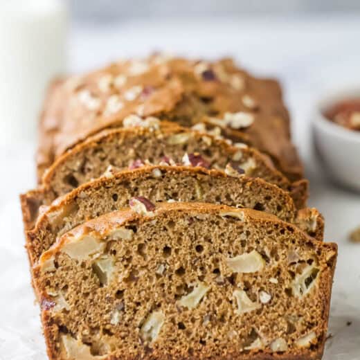 Fluffy, sliced apple bread recipe with crunchy pecans.