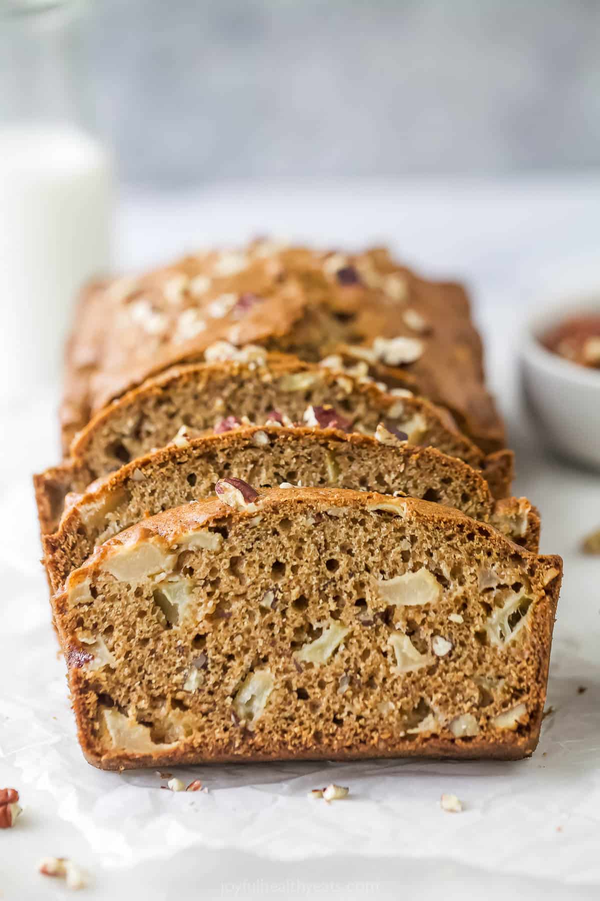 Fluffy, sliced apple bread recipe with crunchy pecans. 