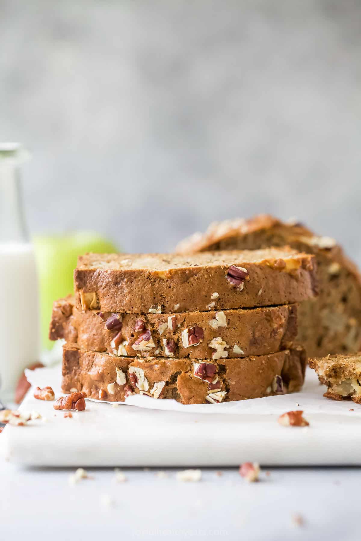 A stack of sliced apple bread.