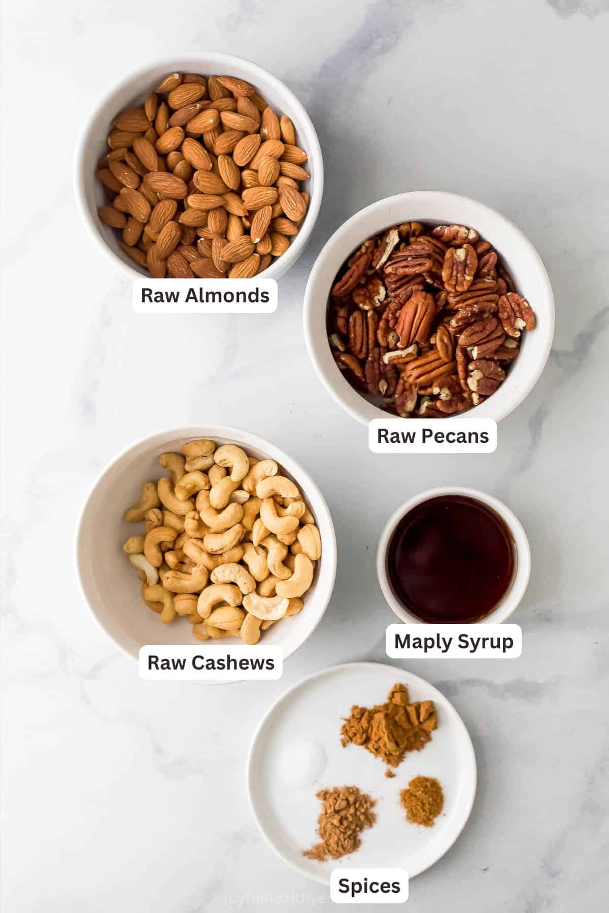 Labeled ingredients for spiced candied nuts. 