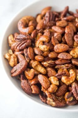 Close-up of crunchy spiced nuts candied with maple syrup.