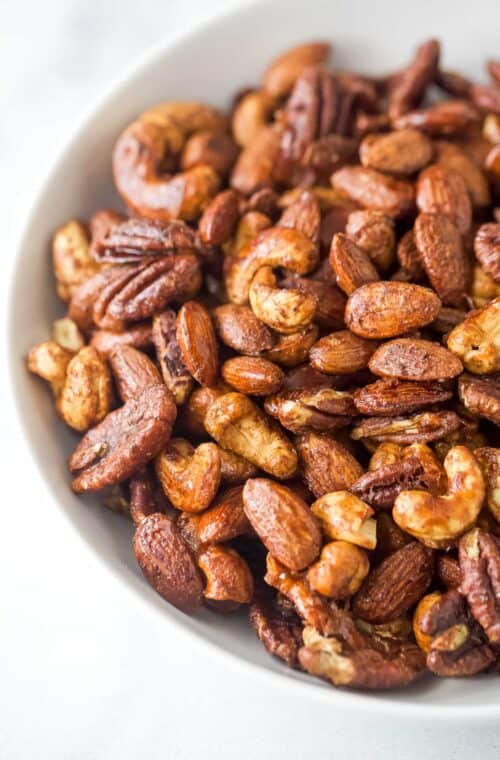 Close-up of crunchy spiced nuts candied with maple syrup.