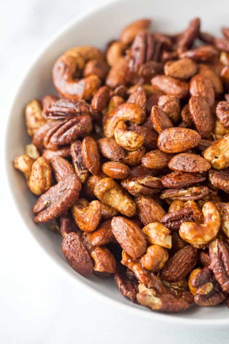 Close-up of crunchy spiced nuts candied with maple syrup.