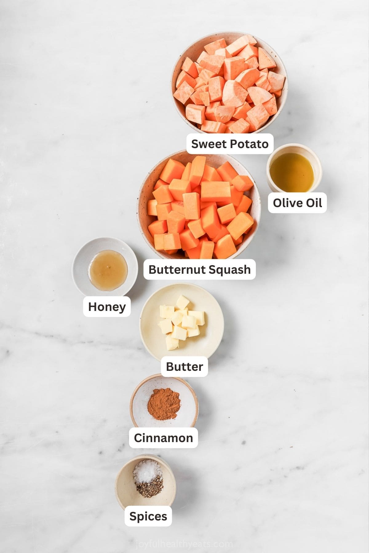 Labeled ingredients for sweet potato hash. 