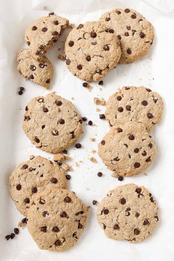 Freshly baked cookies on a baking sheet with chocolate chips, oats, and shredded coconut.