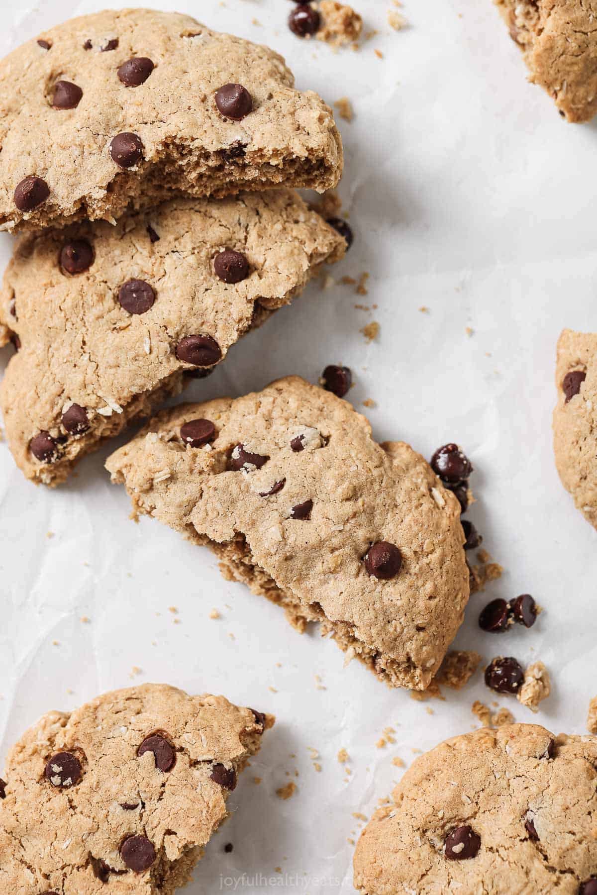 Halved chocolate chip cookies with oatmeal and coconut. 