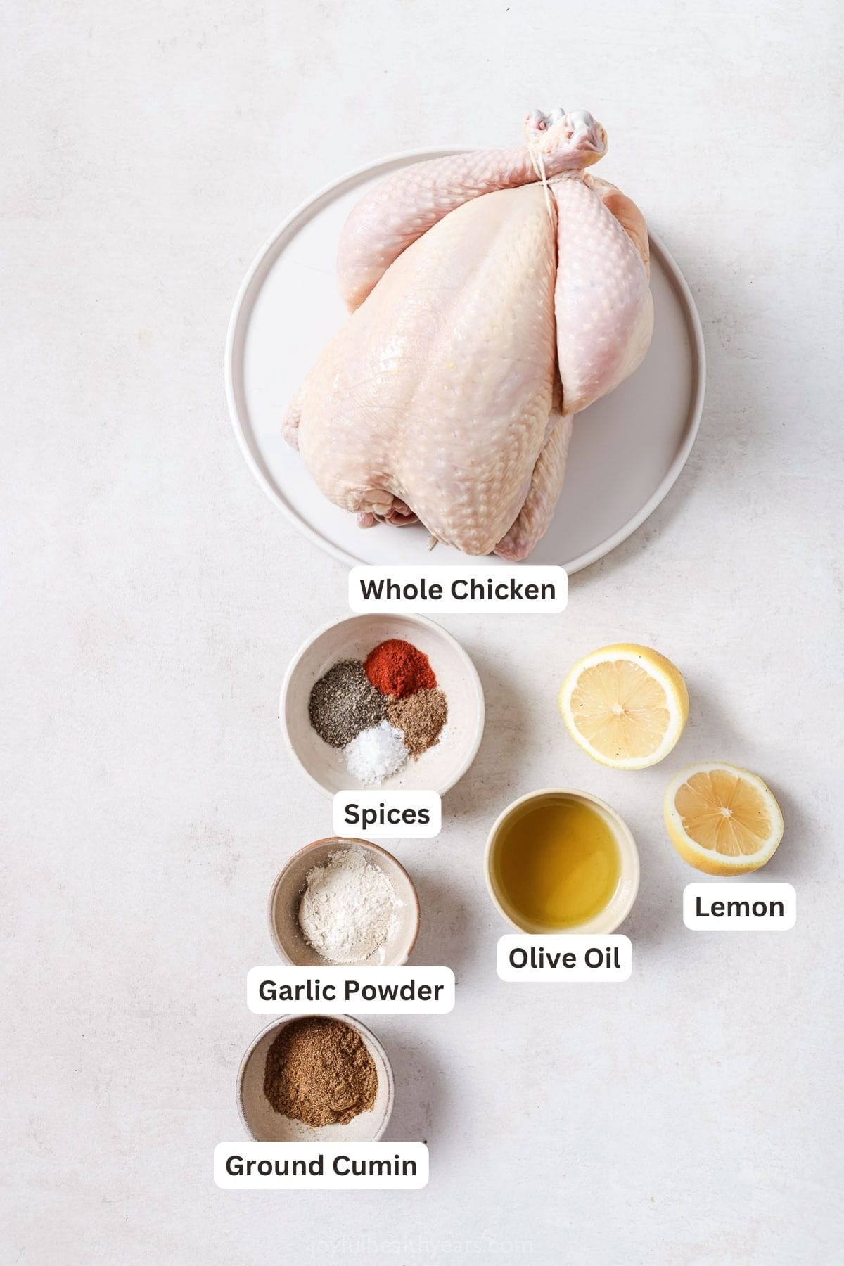 Labeled ingredients for learning how to cook a whole chicken in the crockpot. 