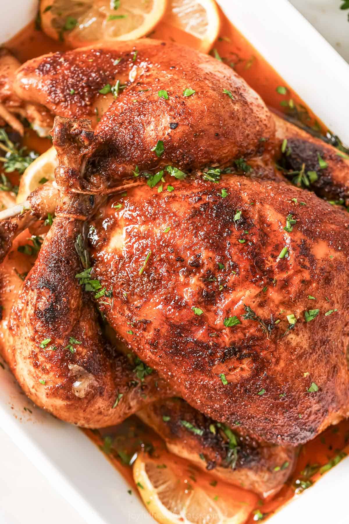 Close-up of a homemade roasted chicken made in the crockpot.