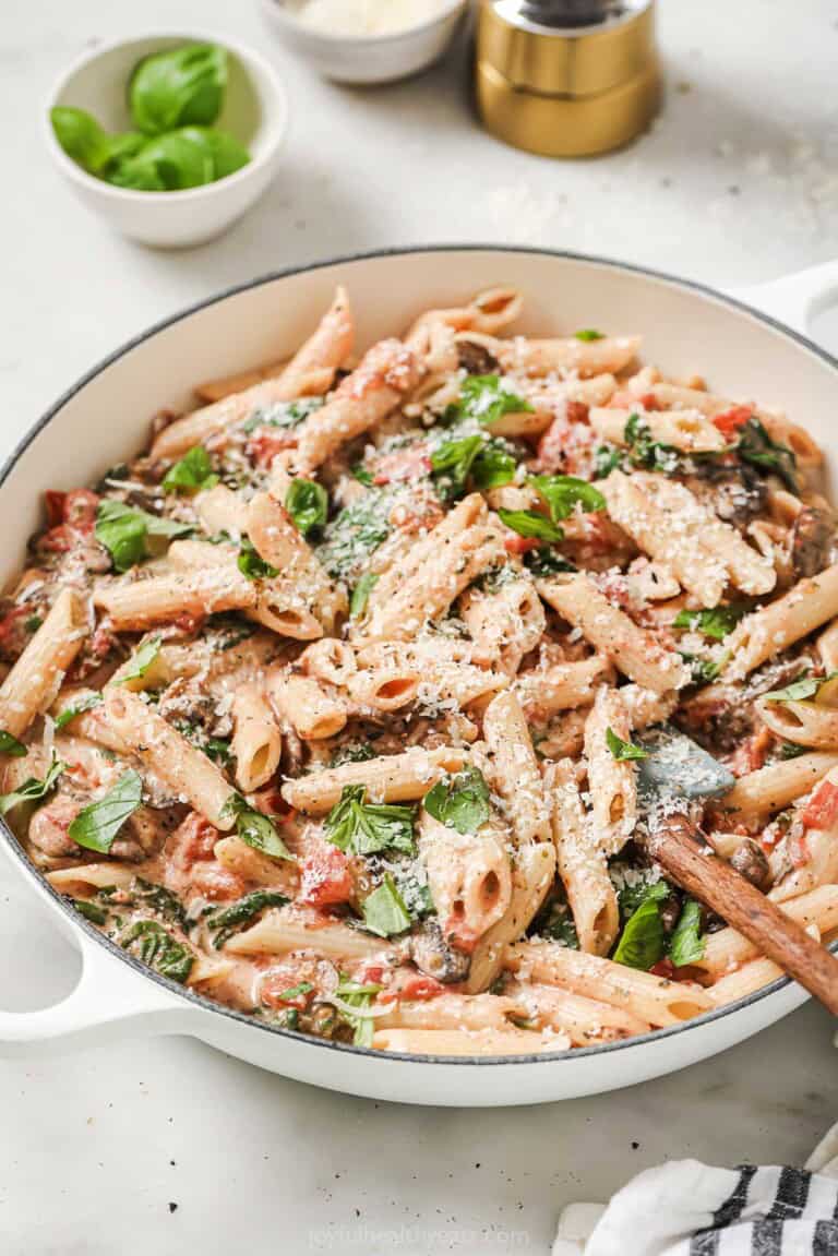 Creamy Spinach Mushroom Pasta in the Skillet.