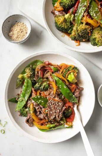 Bowl of steak stir fry recipe with veggies in homemade sweet-and-spicy sauce.