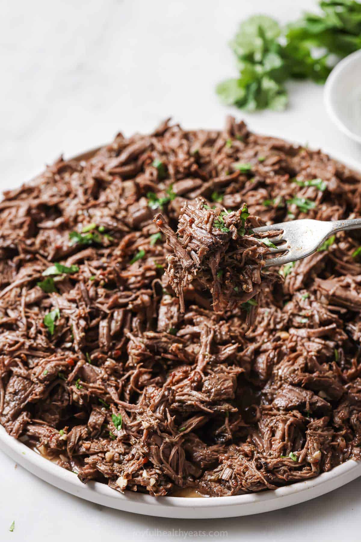 Picking up shredded crockpot barbacoa with a fork.