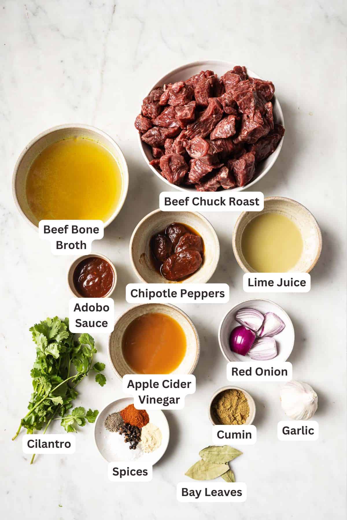 Labeled ingredients for making crockpot barbacoa. 