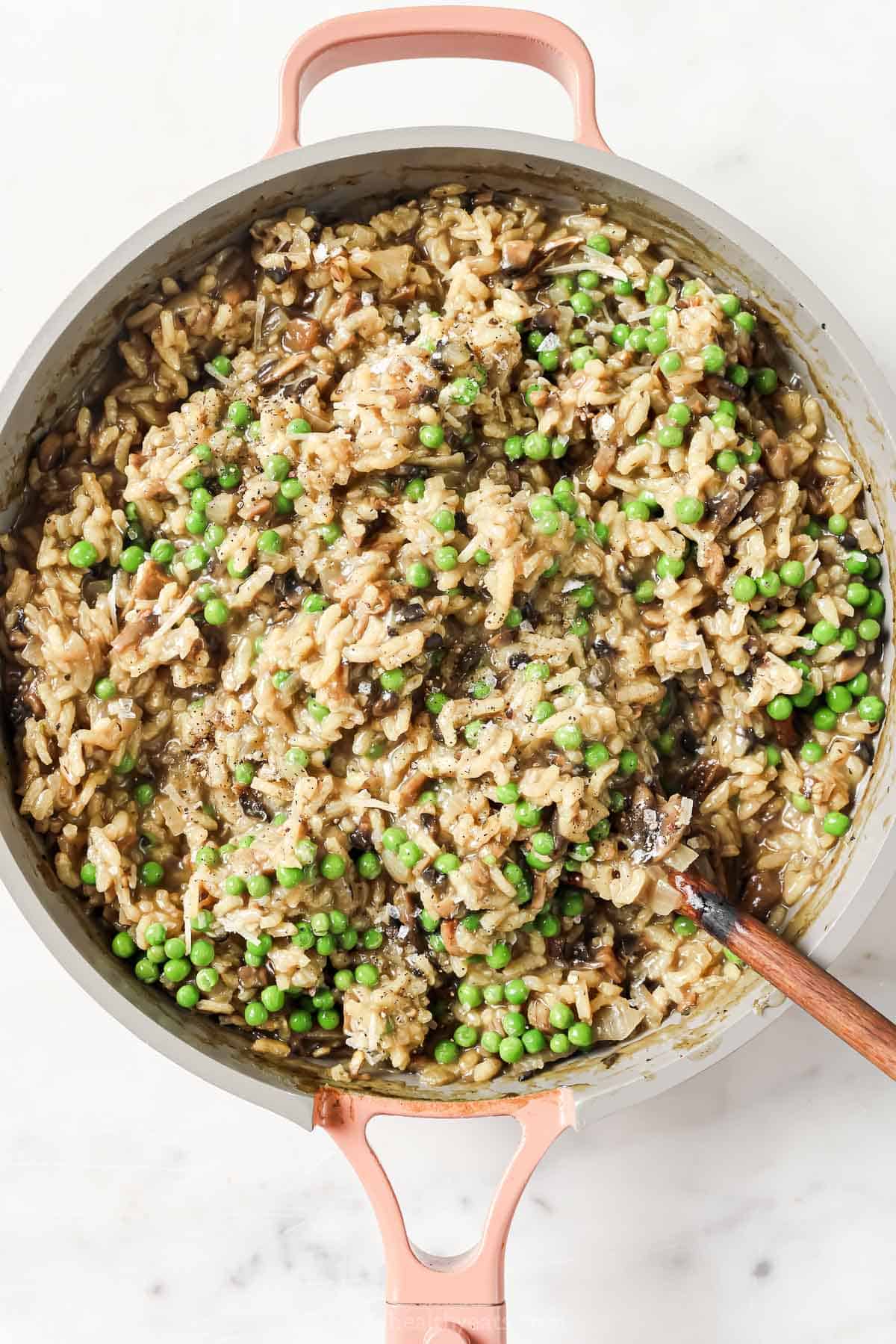 Folding the peas and parmesan. 