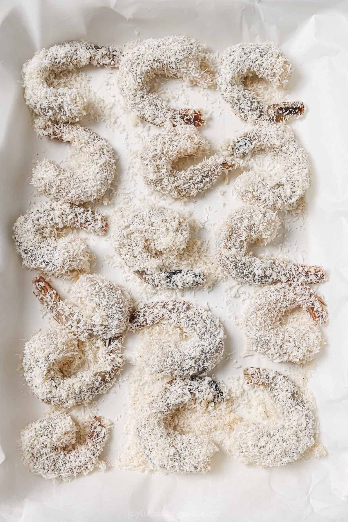 Tray of breaded shrimp.