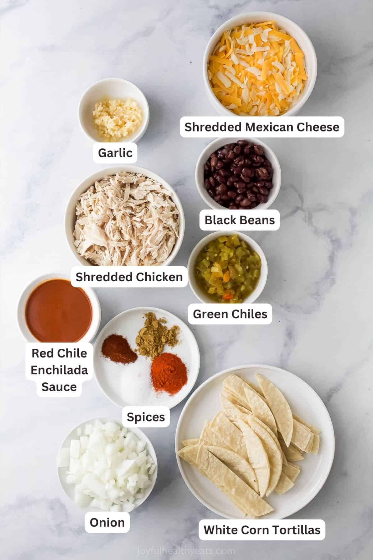 Labeled ingredients for chicken enchilada casserole. 