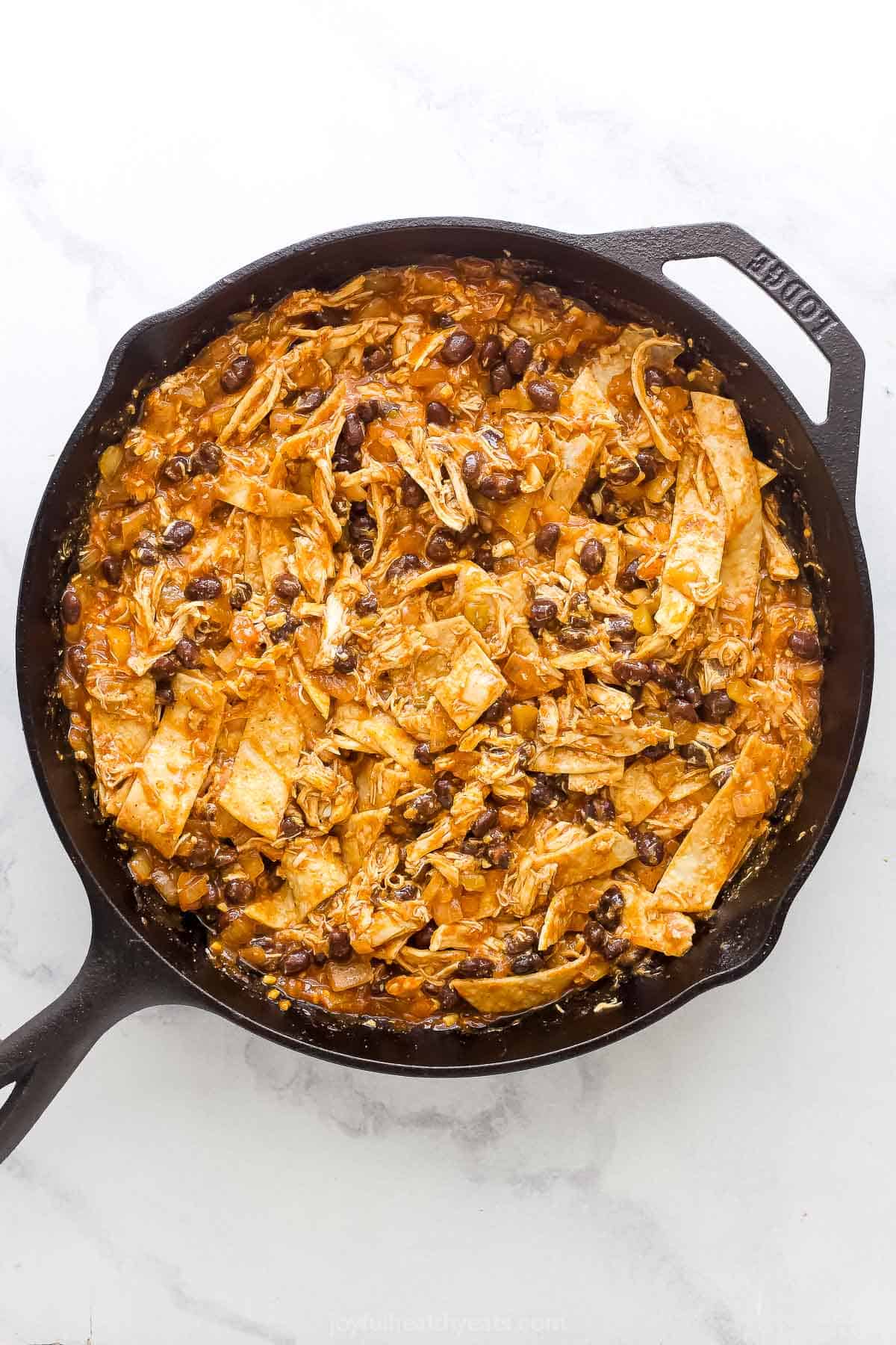 Casserole mixture in a skillet.