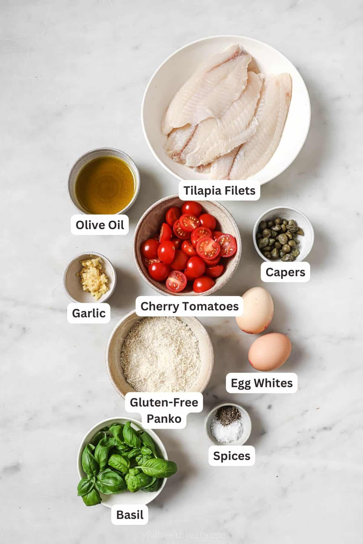 Labeled ingredients for making panko crusted tilapia.