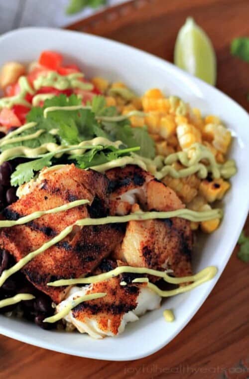 Grilled Tilapia Bowls with Chipotle Avocado Crema {Gluten Free} | www.joyfulhealthyeats.com