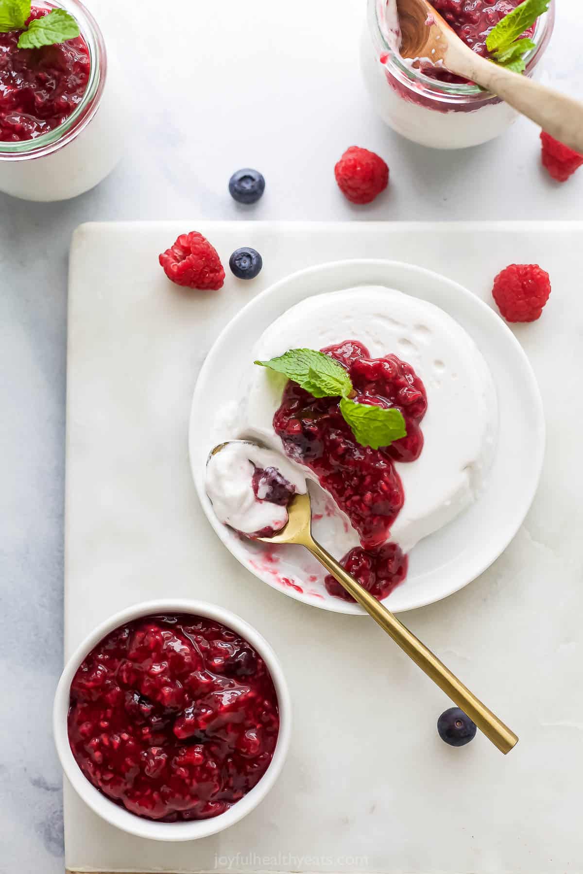 Overhead photo of creamy Italian dessert with sweet berry compote. 