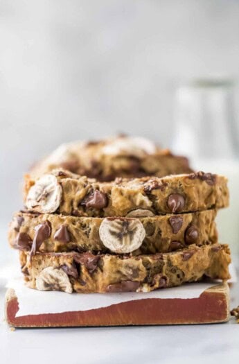 Slices of banana chocolate chip bread stacked on top of one another.