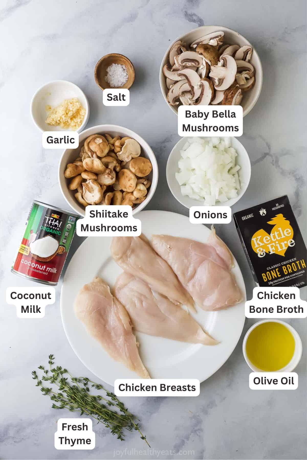 Labeled ingredients for chicken with mushroom sauce. 