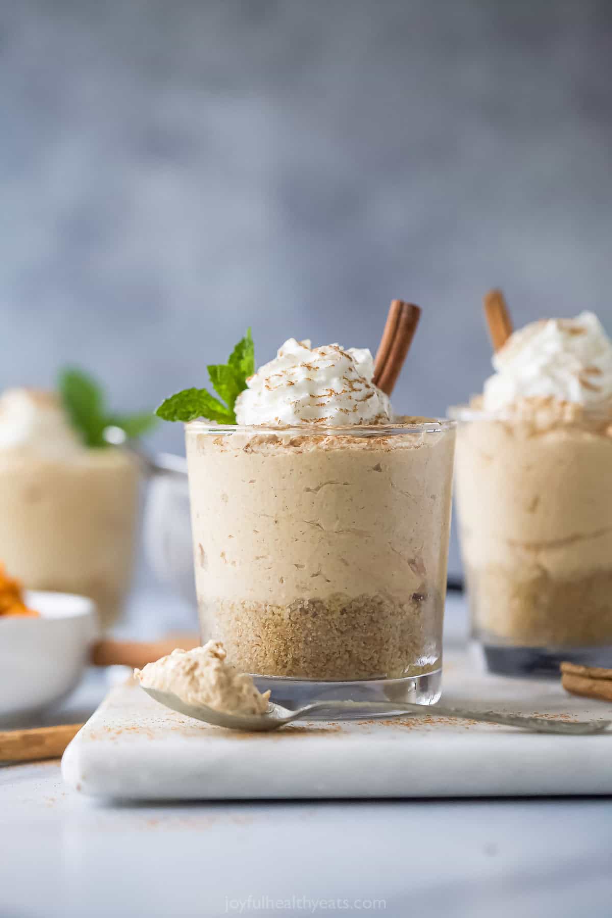 Serving in no bake cheesecake glasses with Cool Whip on top. 