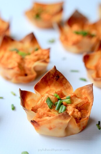 Buffalo Chicken Wonton Cups on a white surface