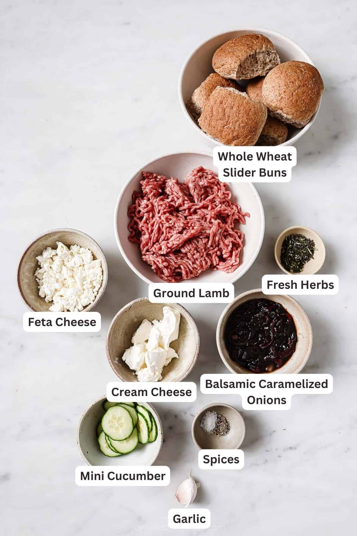 Labeled ingredients for lamb burgers. 