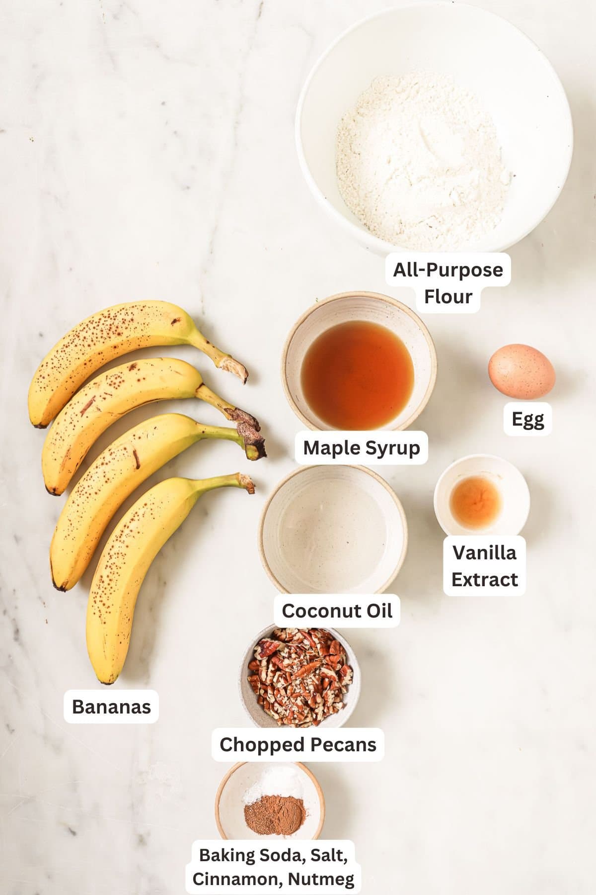 Labeled ingredients for making banana nut muffins. 