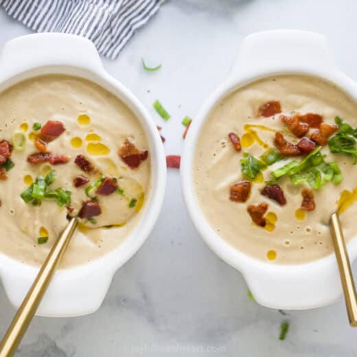 Landscape photo of creamy cauliflower soup.