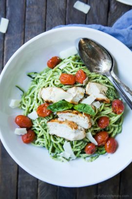 Pesto Chicken Zoodles with Burst Tomatoes | Zucchini Noodles Recipe