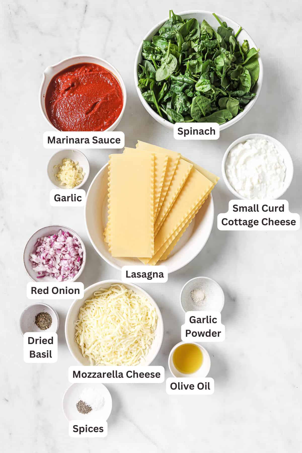 Labeled ingredients for making lasagna rolls. 