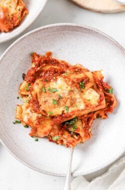 Freshly-made tomatoey lasagna rolls with cottage cheese-spinach filling on a serving plate.