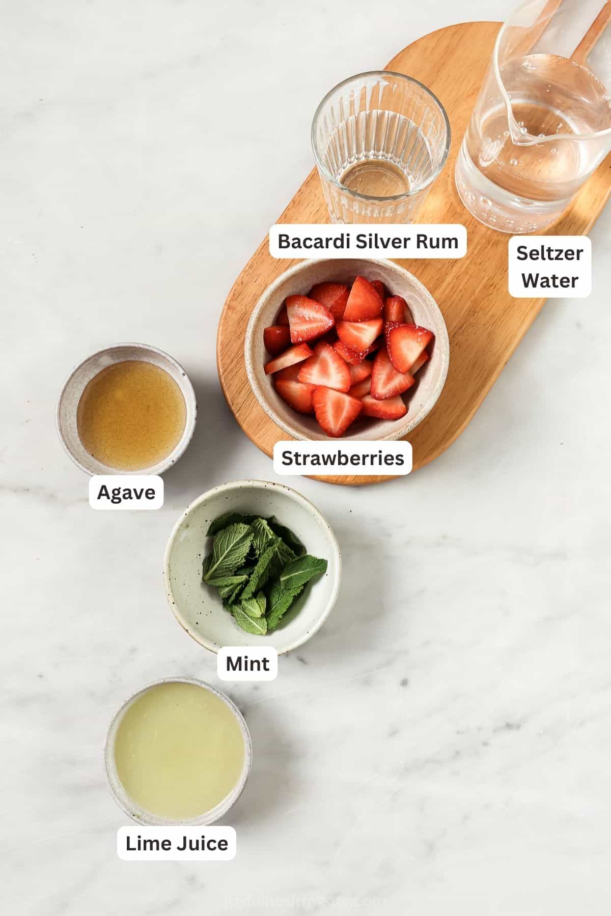 Labeled ingredients for making a strawberry mojito recipe. 