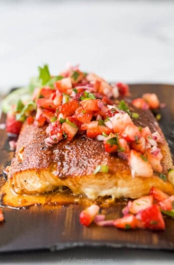 Grilled salmon with strawberry salsa.