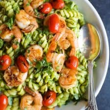 Chimichurri Avocado Pasta with Pan Seared Shrimp | Healthy Pasta Dish