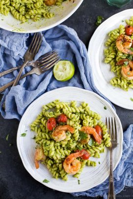 Chimichurri Avocado Pasta with Pan Seared Shrimp | Healthy Pasta Dish