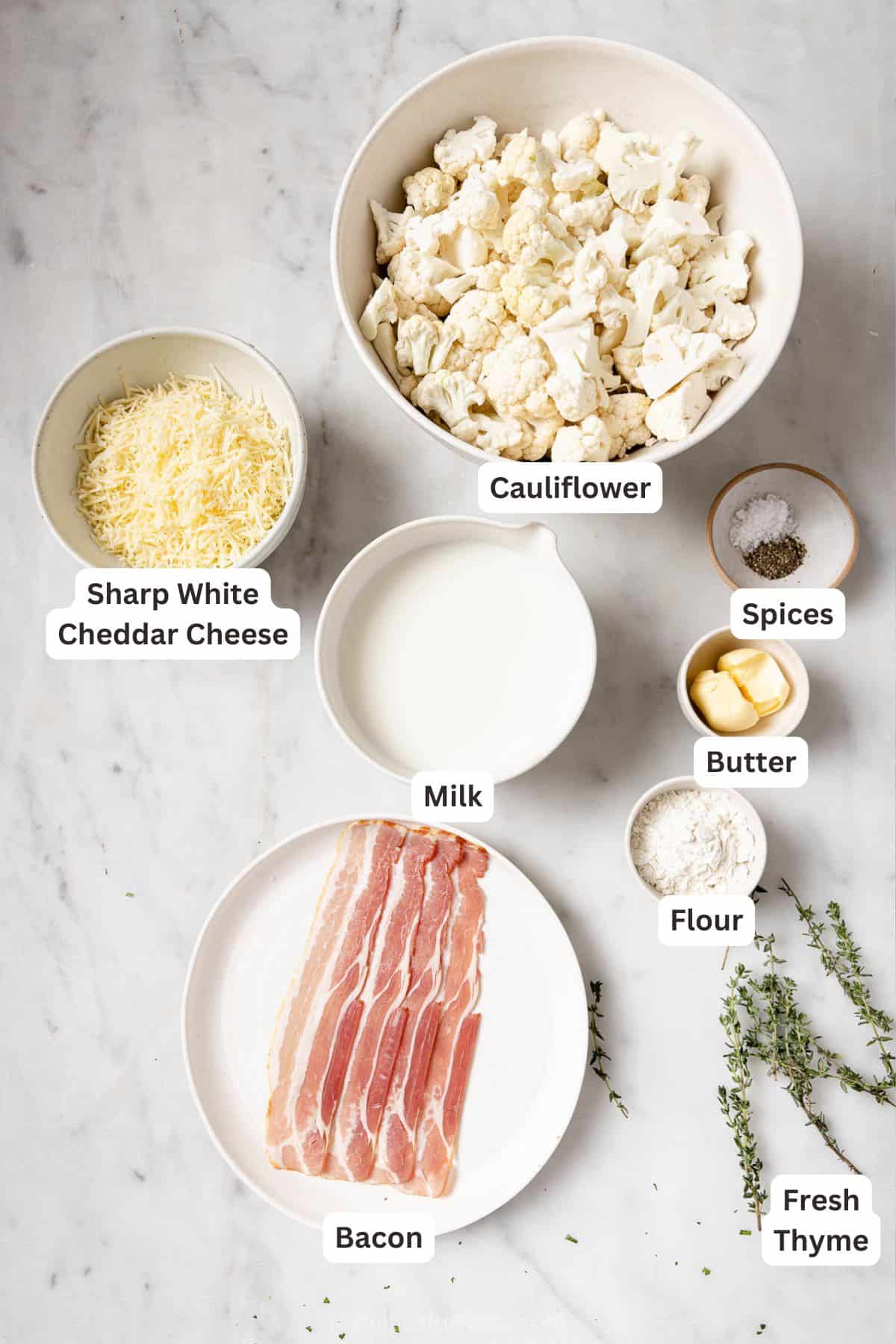 Labeled ingredients for making cauliflower au gratin. 