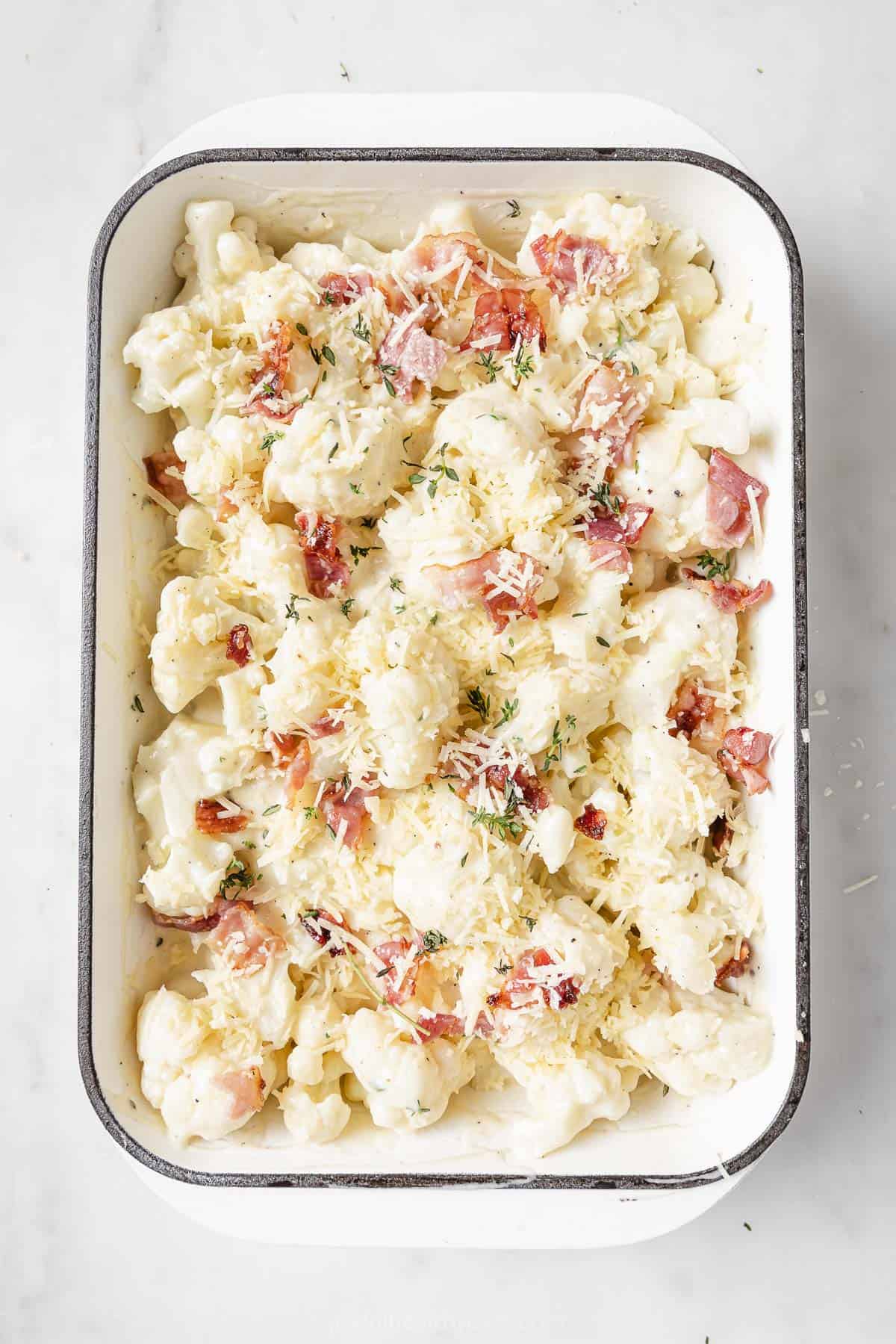 Assembled casserole in the baking dish. 