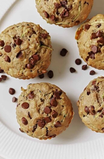 Close-up of fluffy chocolate chip-zucchini muffins.