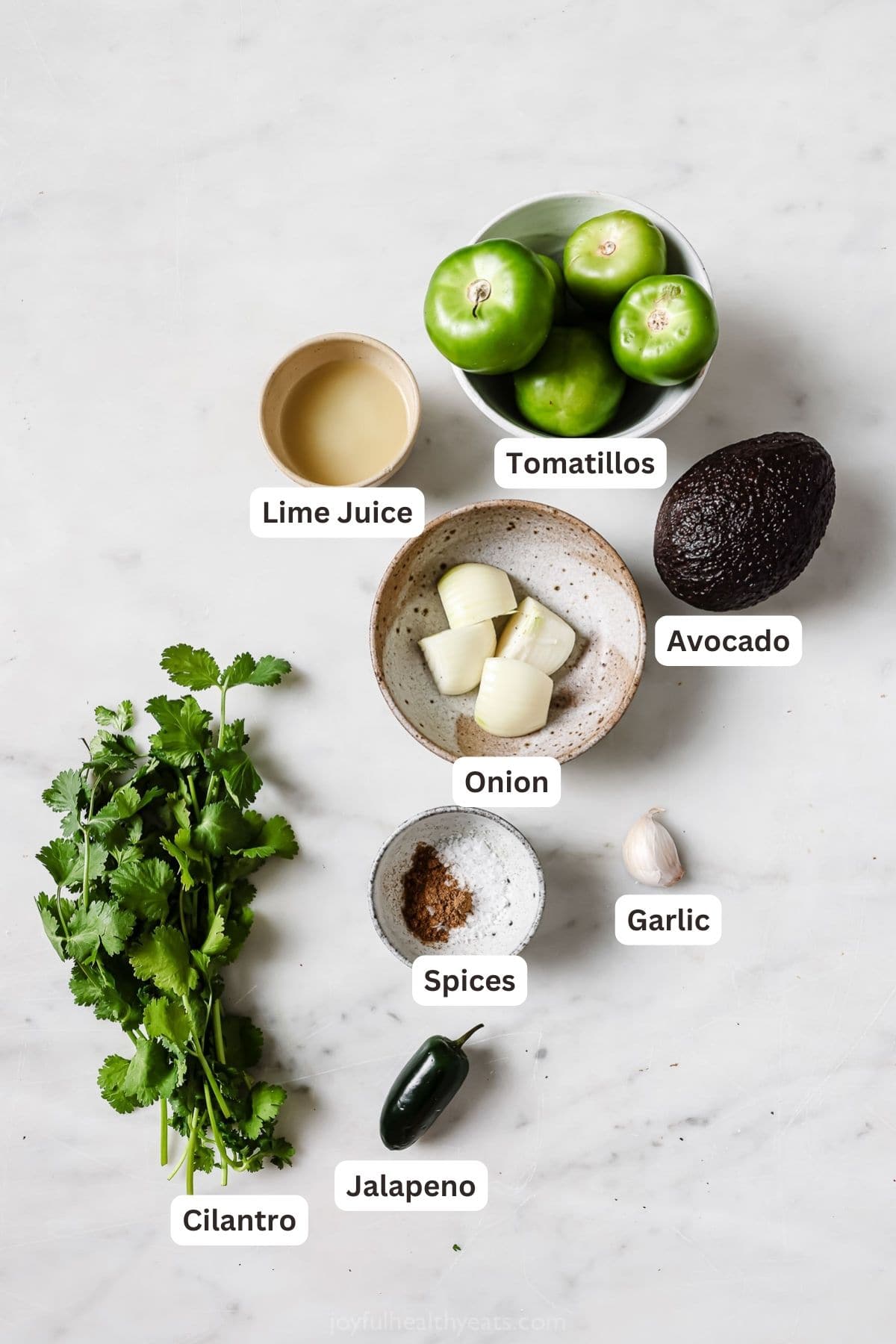 Labeled ingredients for avocado salsa verde. 